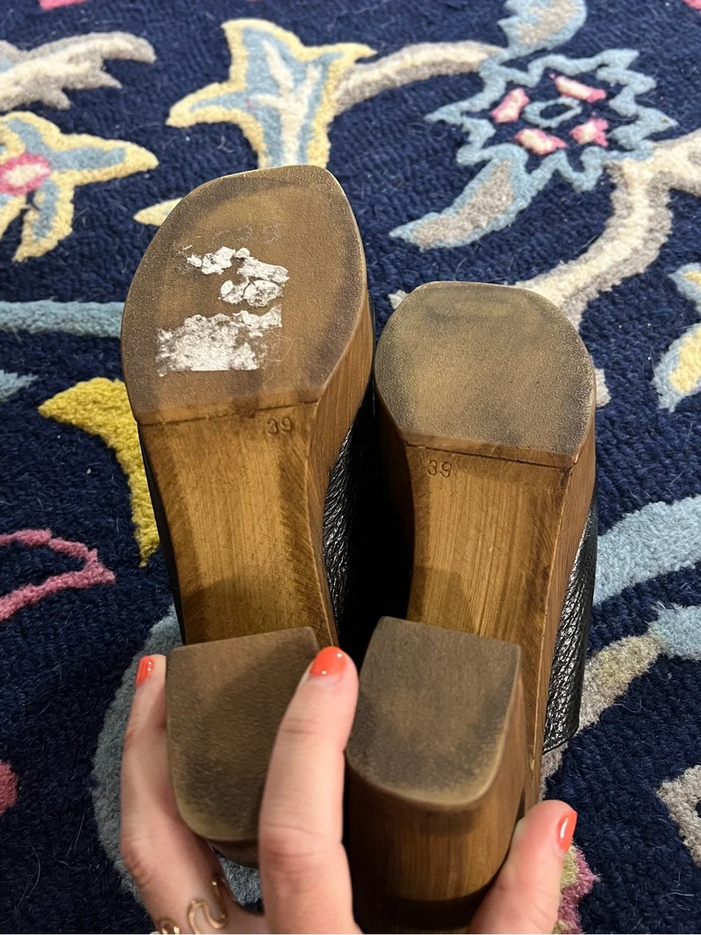 Black Pebbled Leather Platform Mules with Wood-Effect Heel